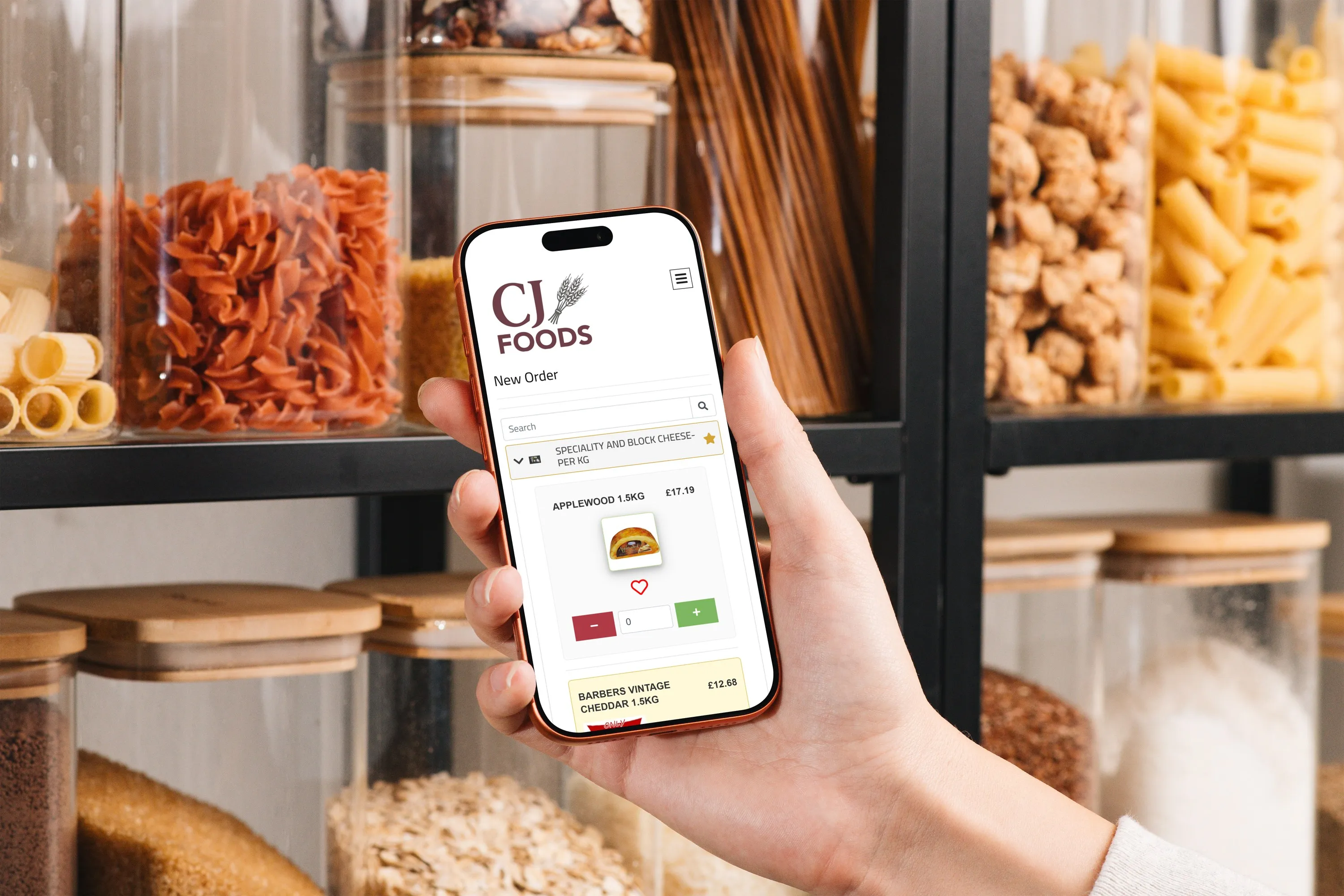 The CJ Fresh Foods ordering platform on a phone, open at the speciality cheese counter