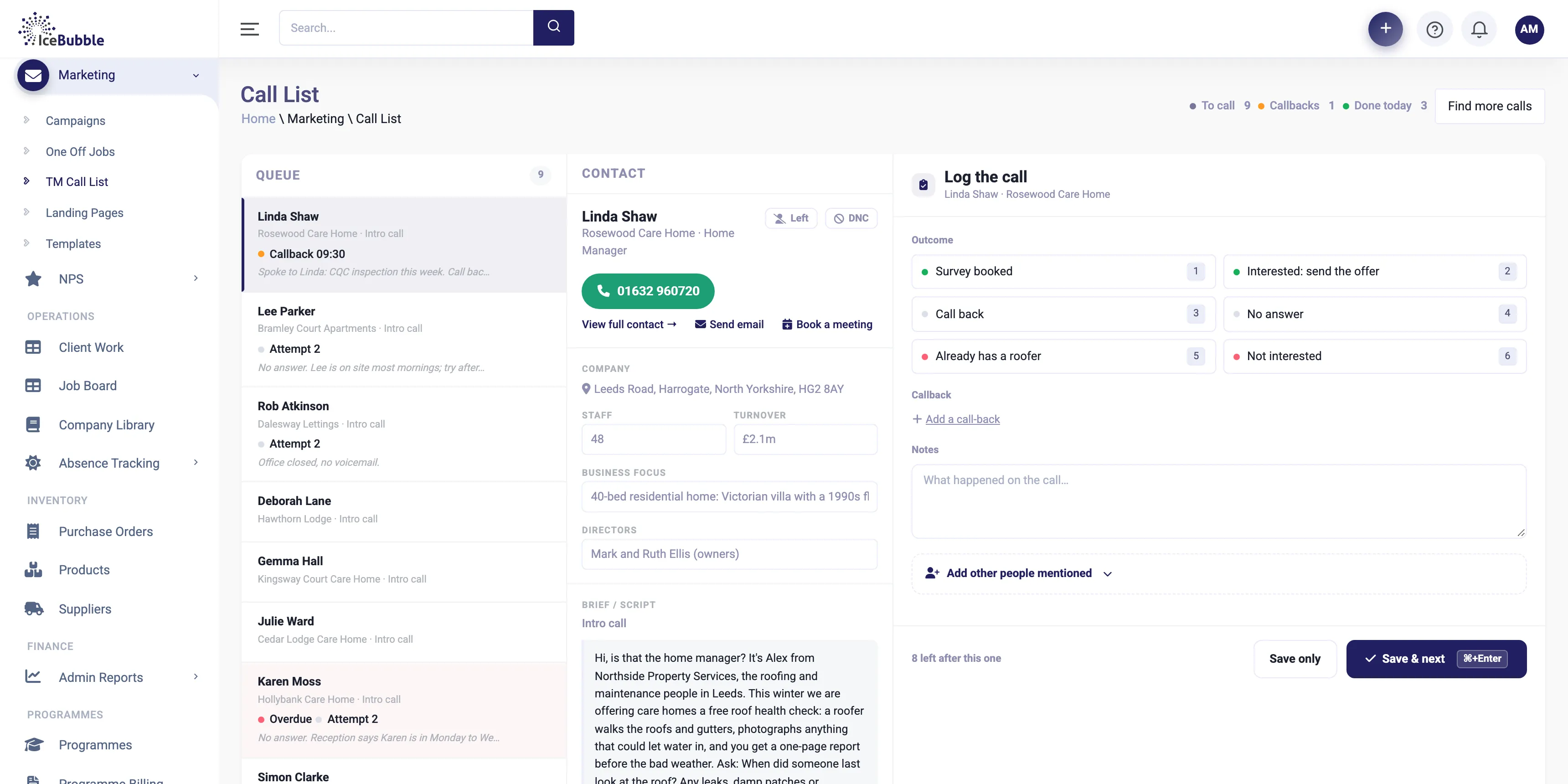 The call screen with the call queue, the contact's details and script, and one-click call outcomes