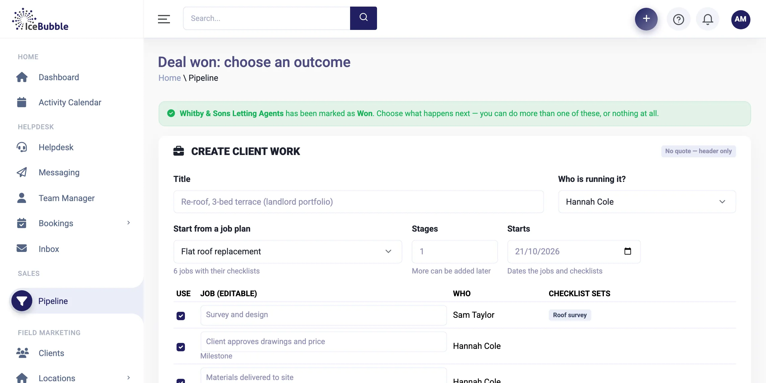 Deal marked as won, creating its jobs and checklists from a job plan