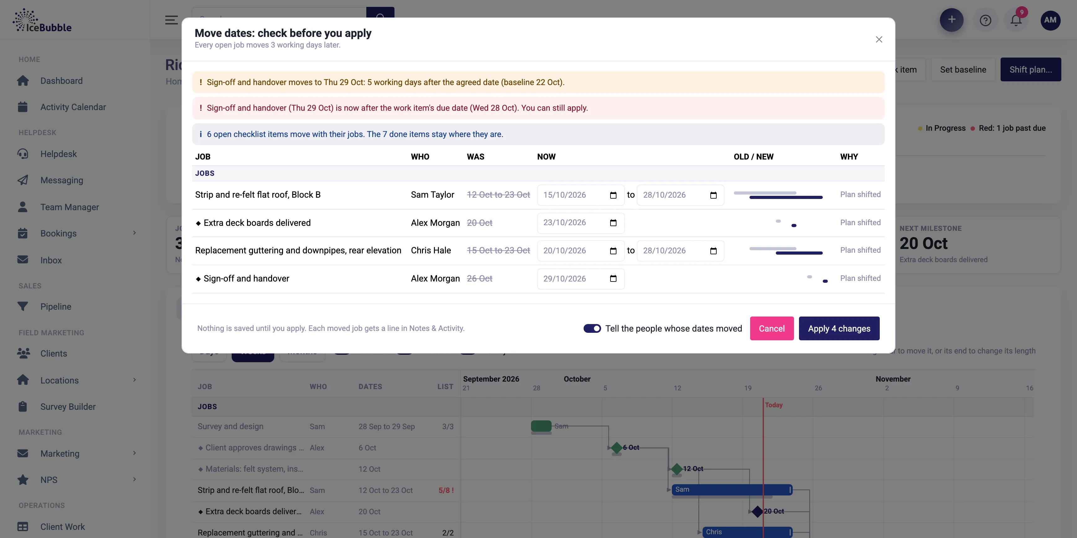 Move dates preview listing every job that shifts when the plan moves, before anything is applied