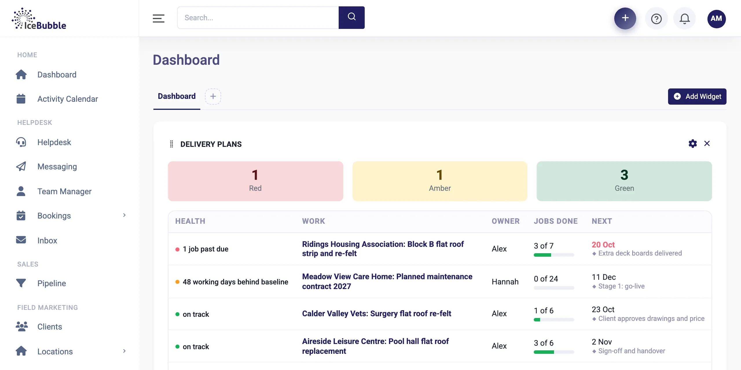 Dashboard widget showing open delivery plans as red, amber and green, at-risk plans first with the reason