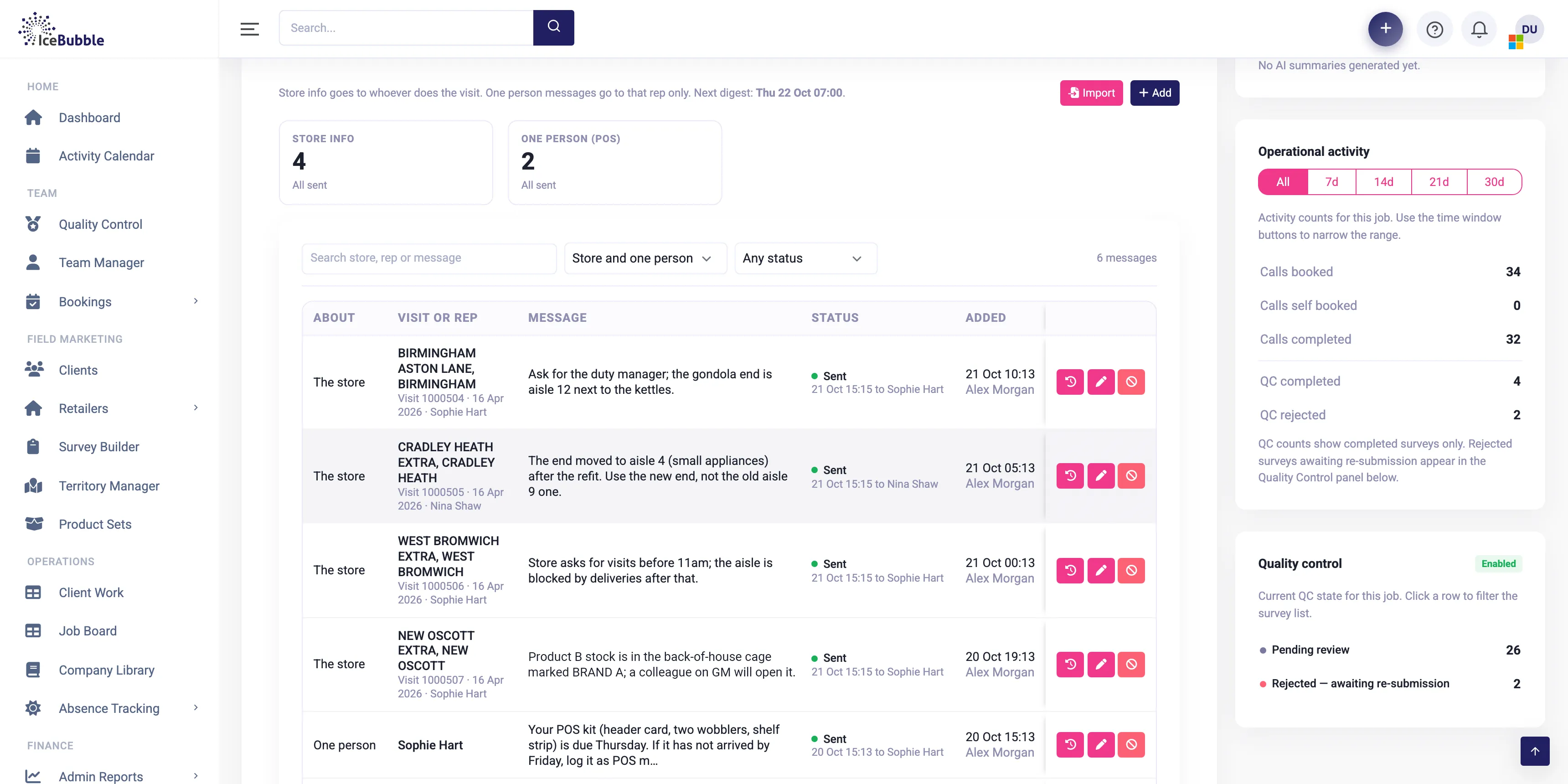 Rep messages listing store notes and one-person messages with their status