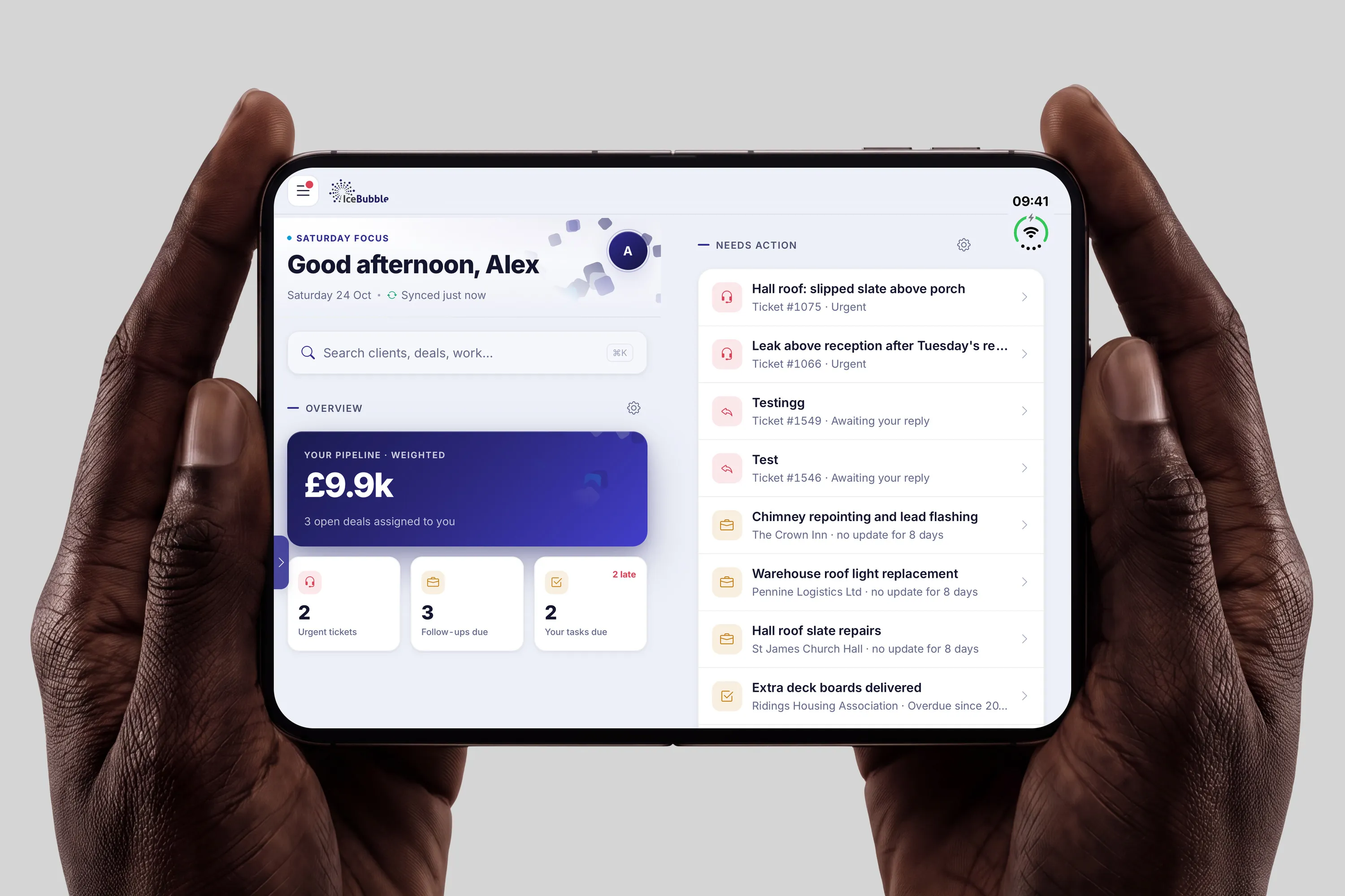 The IceBubble CRM home screen on an unfolded iPhone Duo, with the day's pipeline, tickets and tasks