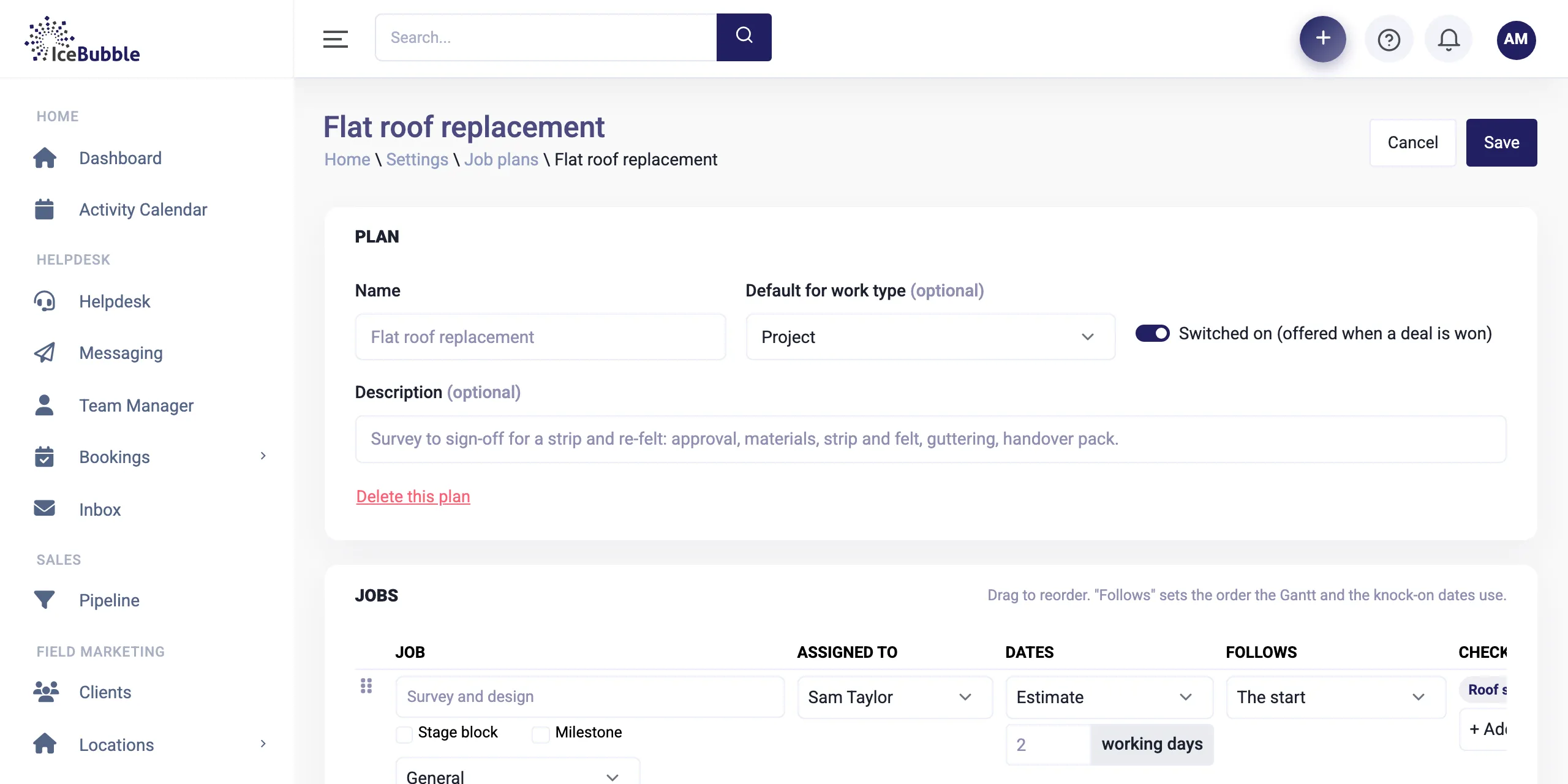 Job plan template in settings with stages, owners, durations and checklists