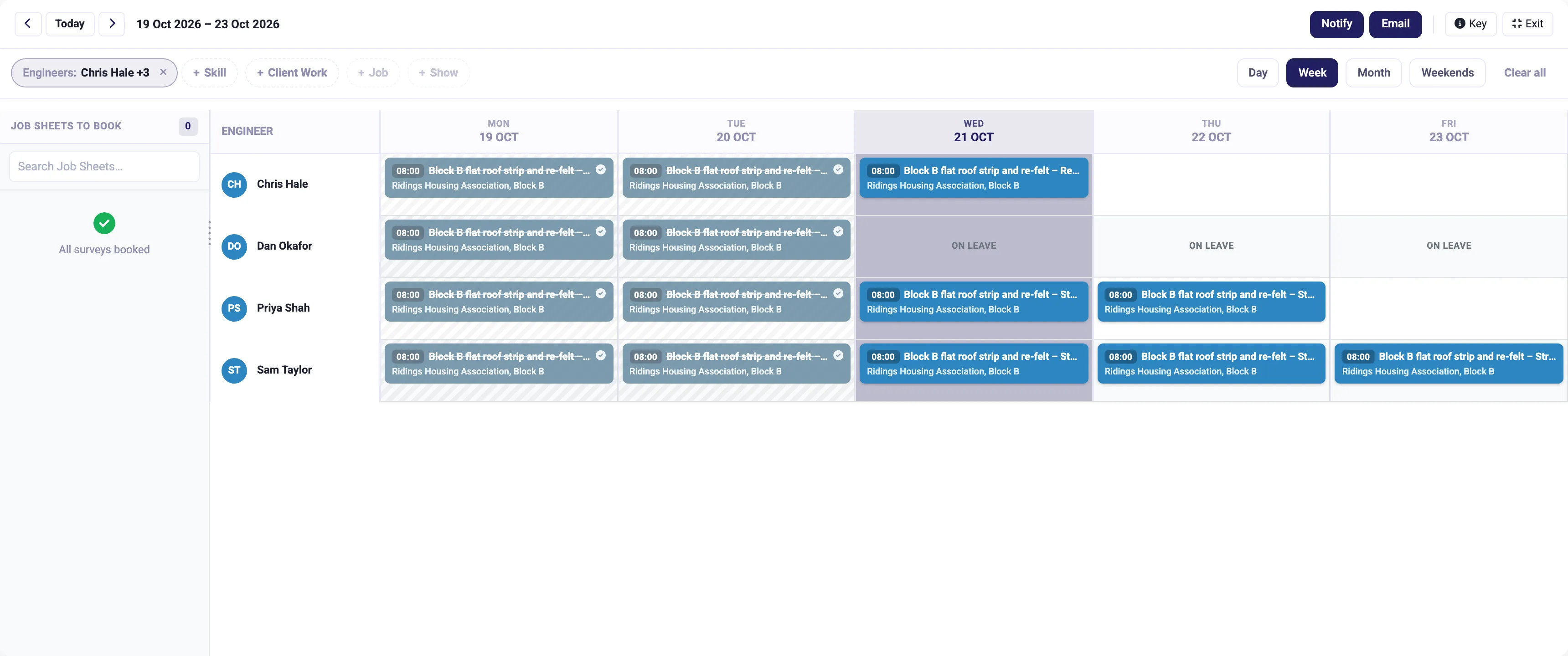 The planning board showing a week of jobs booked to four engineers, with days on leave marked