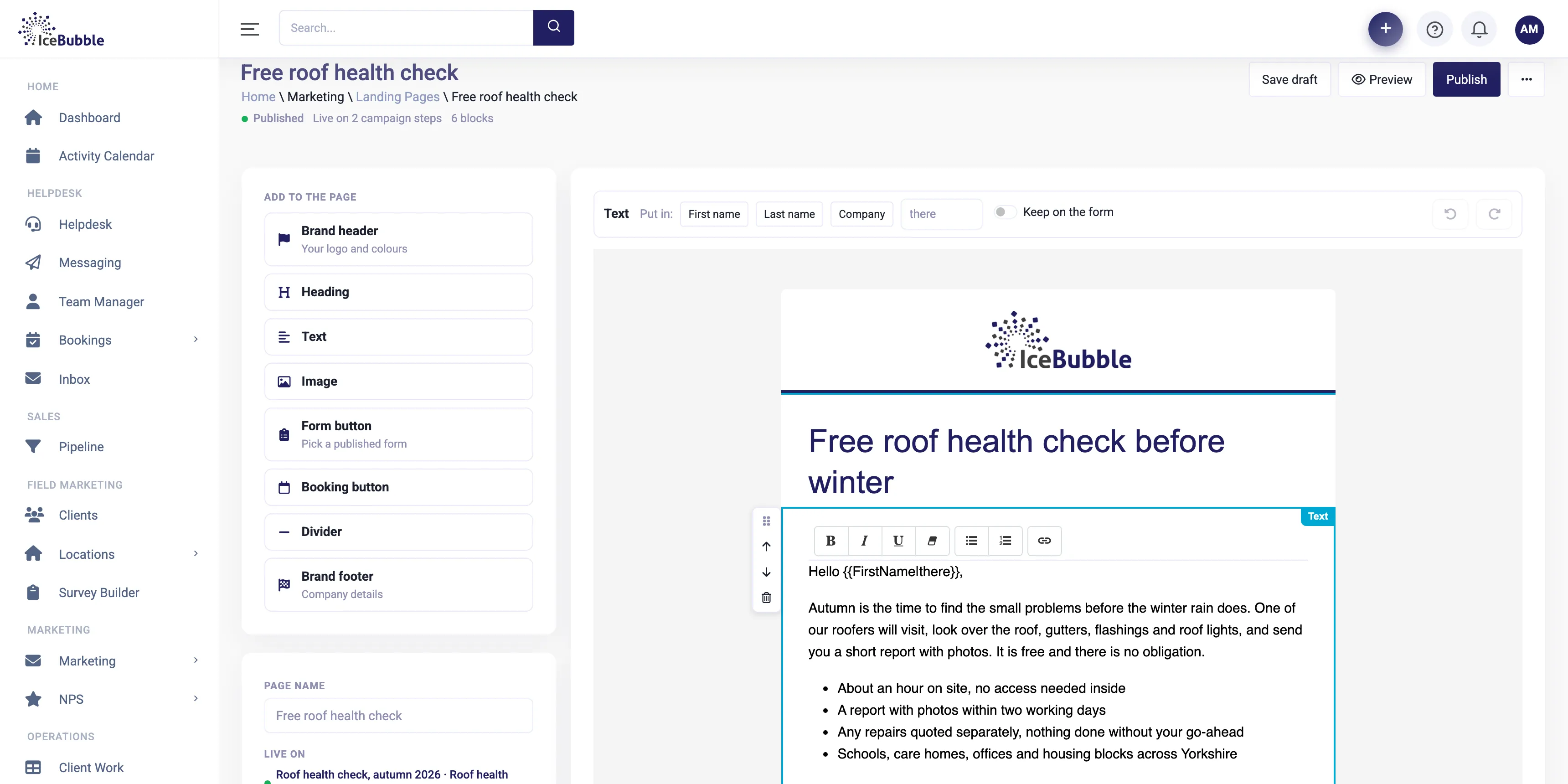 The landing page editor, with blocks on the left and a branded page being edited