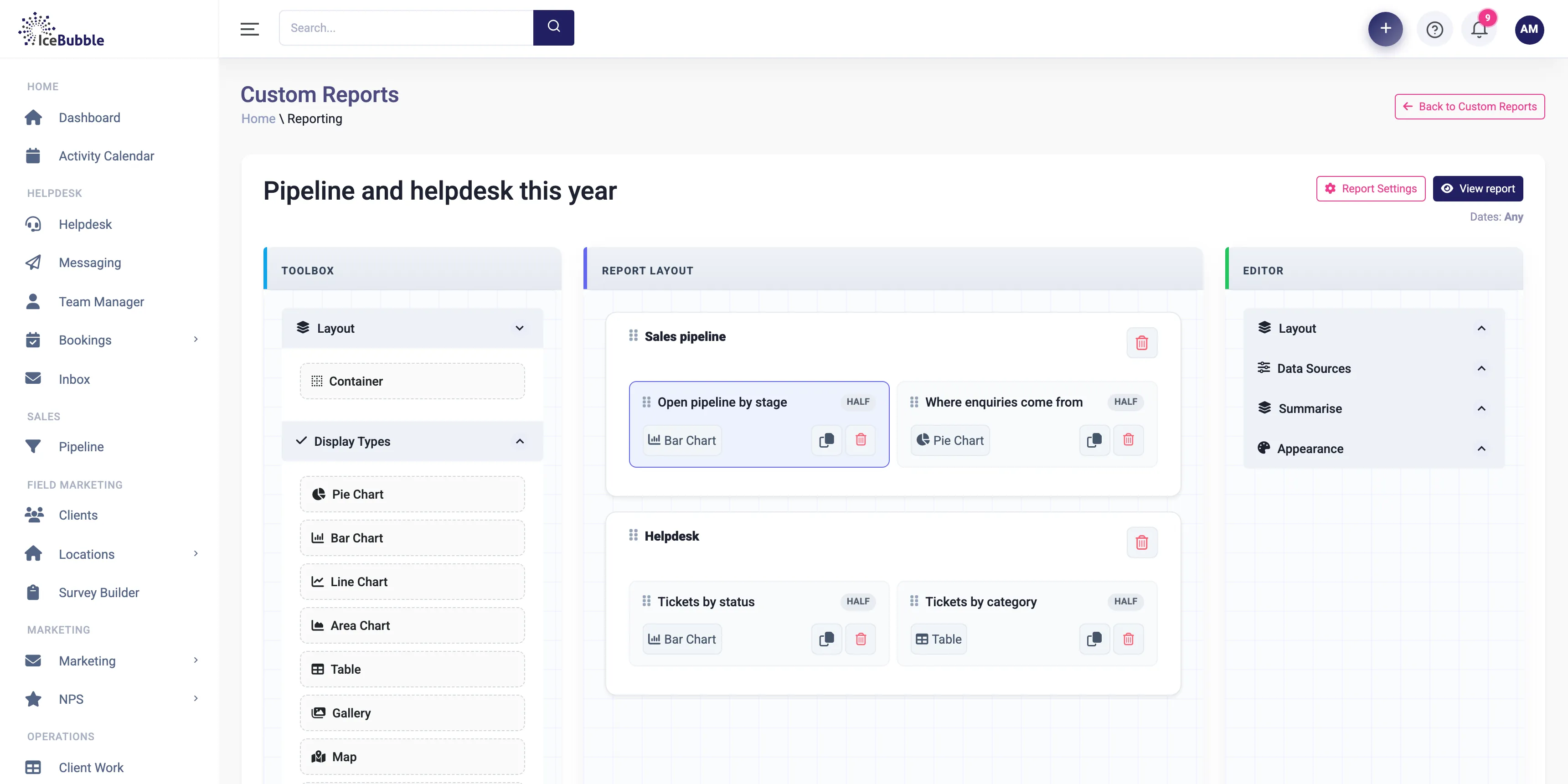 The report builder with a sales pipeline section and a helpdesk section laid out as charts and tables