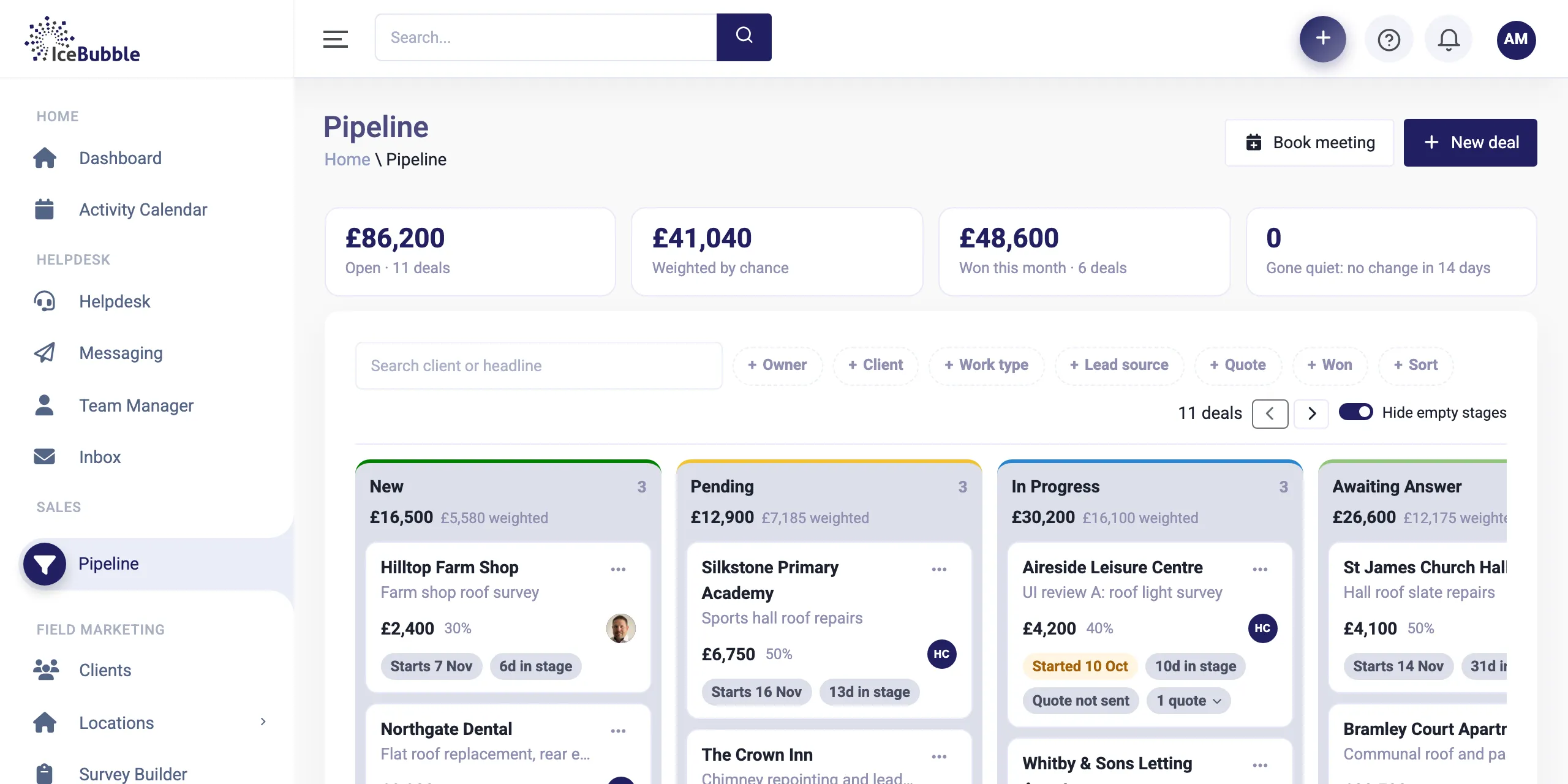 The IceBubble CRM sales pipeline, with deals as cards across each stage