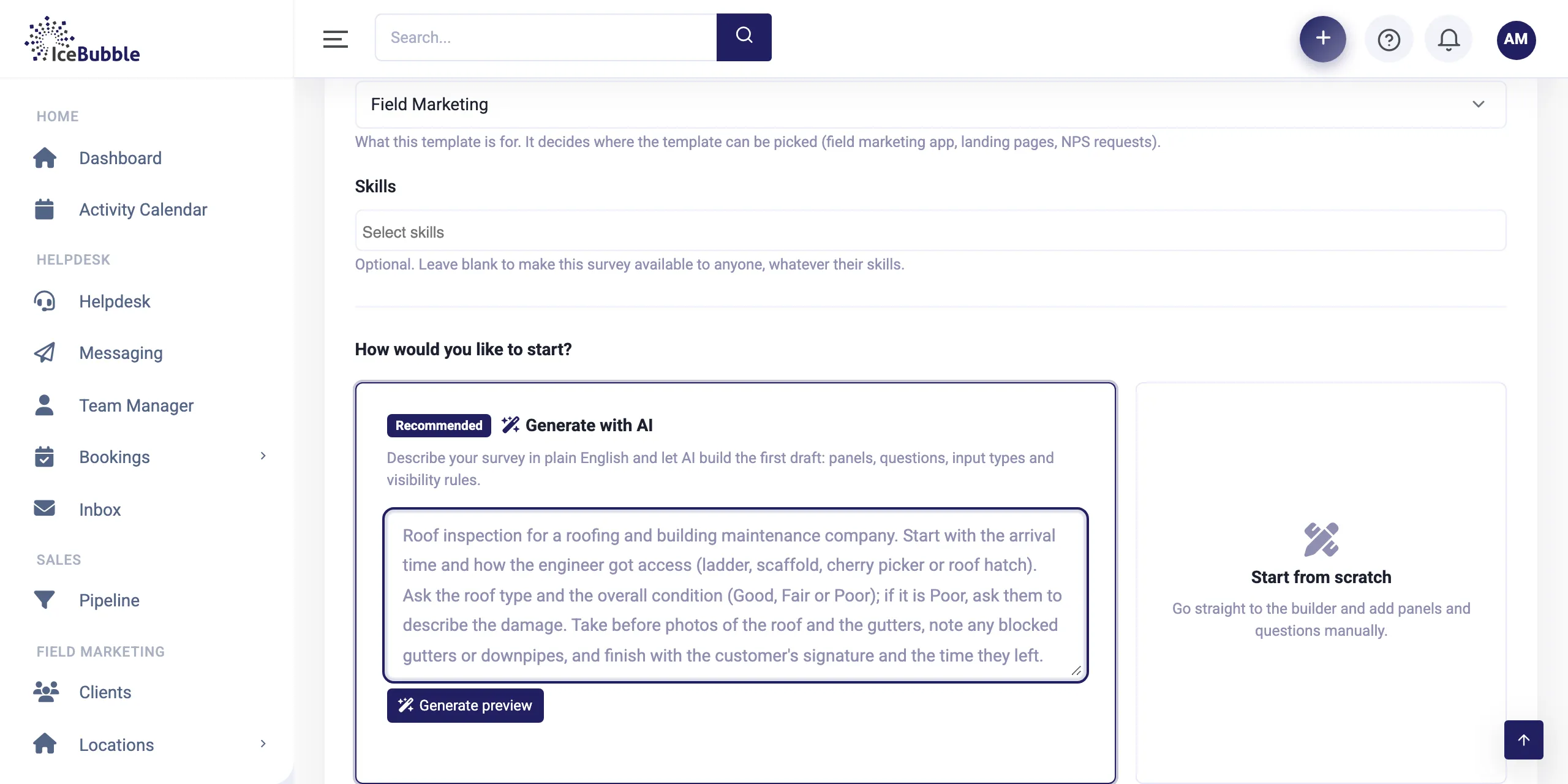 The survey builder with a plain English description of a roof inspection ready to generate with AI