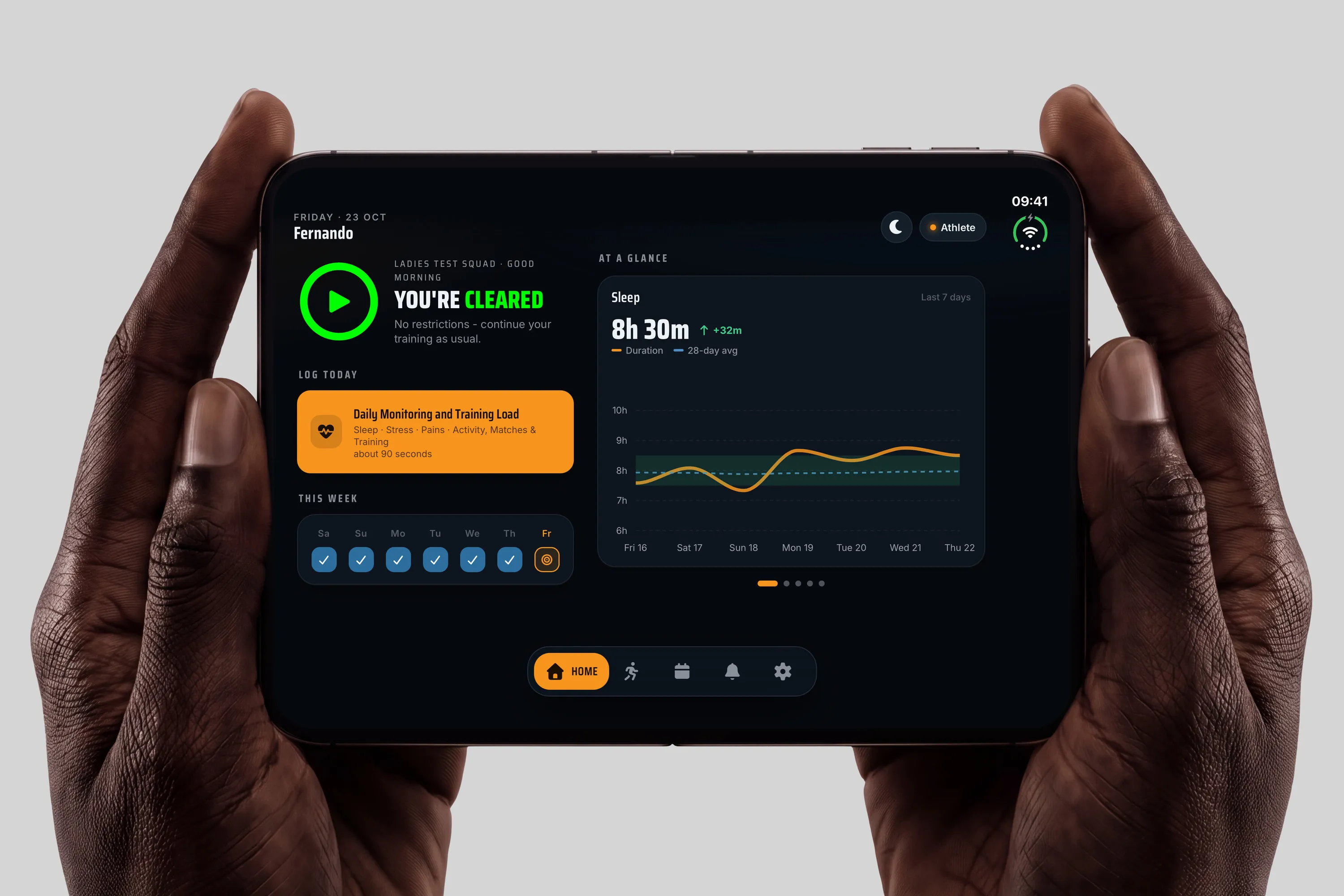 The Dura athlete app we built, running on an unfolded iPhone Duo